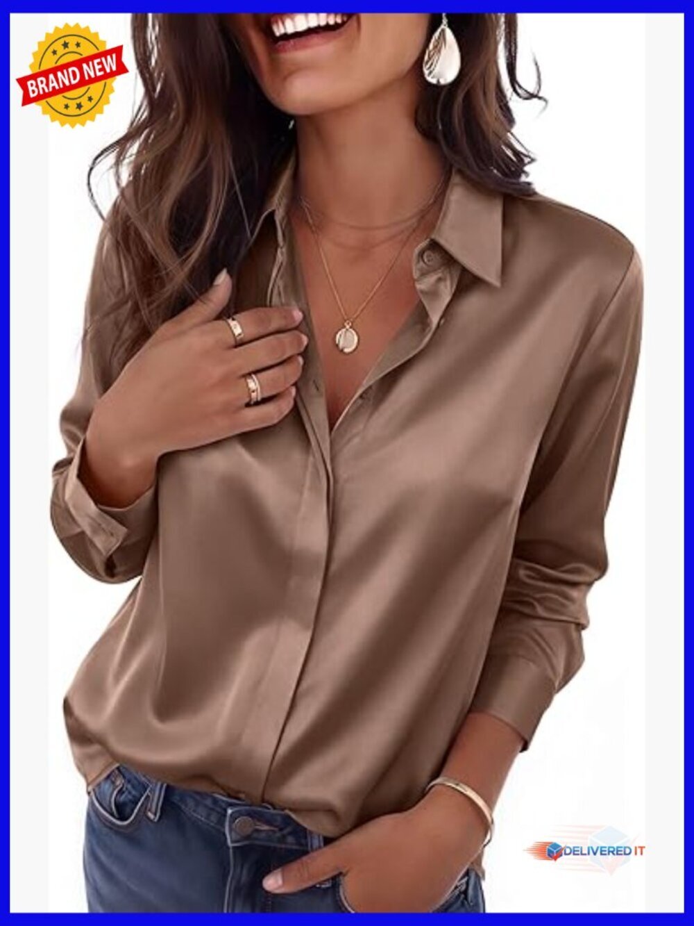 Long Sleeve Button Down Silk Blouse Tunic Top Work Casual